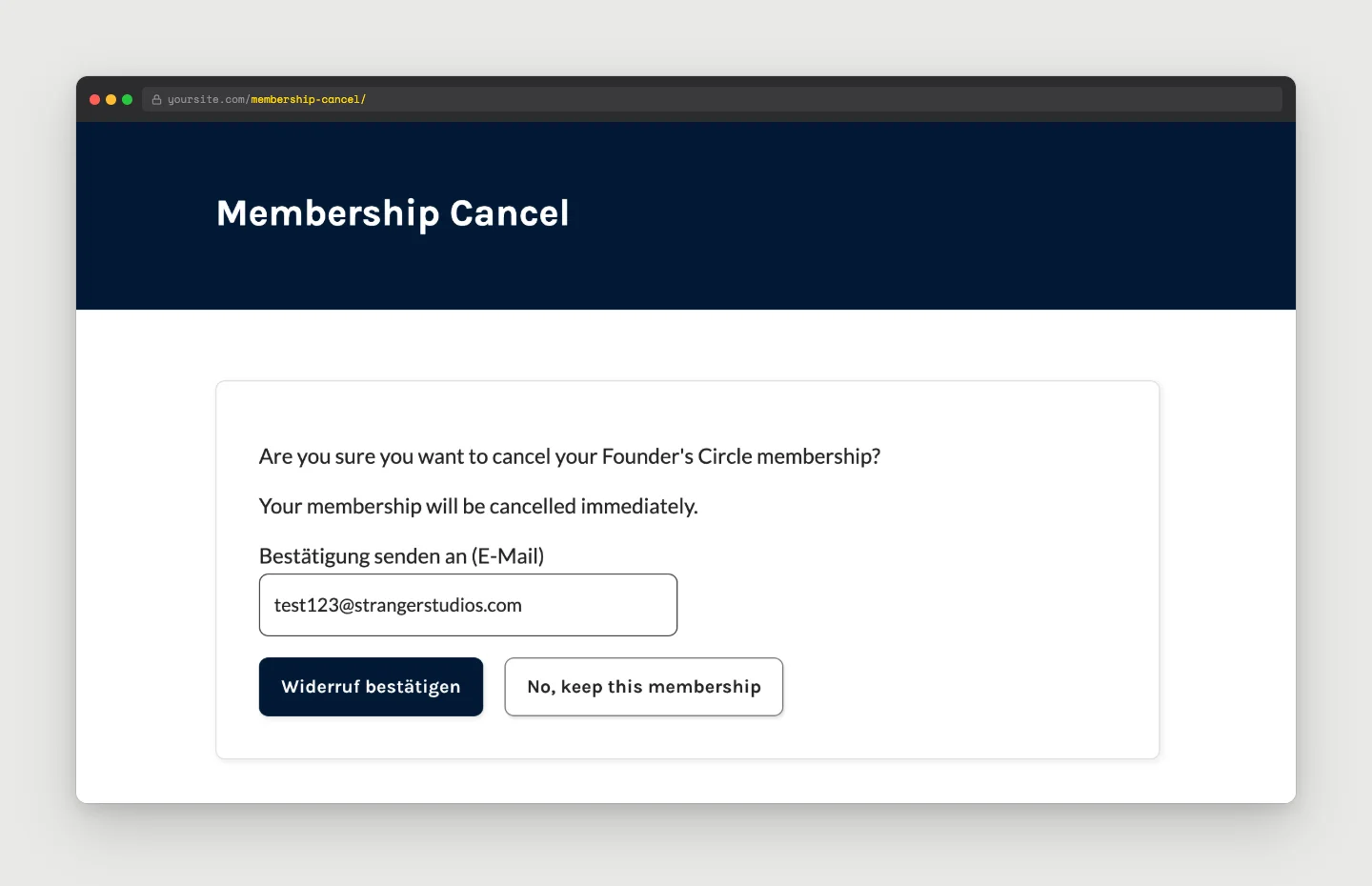 Membership Cancel confirmation page with the Widerruf bestätigen button and a Bestätigung senden an email field