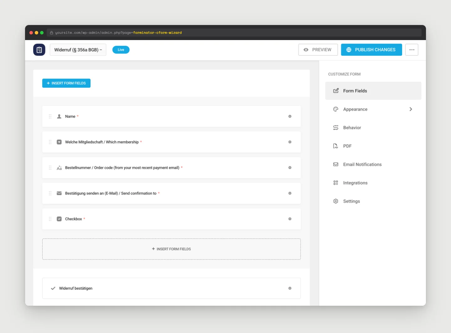 Forminator form builder showing the Widerruf form fields including Name, membership, order code, confirmation email, and checkbox