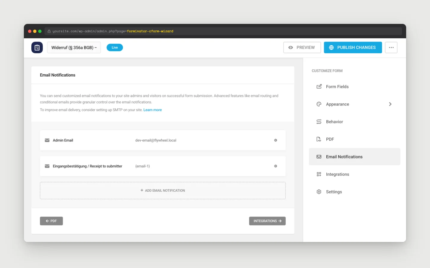 Forminator form builder Email Notifications tab with admin email and Eingangsbestätigung receipt-to-submitter notifications