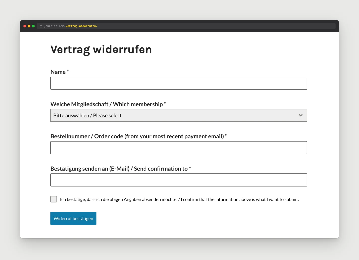 Front-end Forminator withdrawal form titled Vertrag widerrufen with Name, membership, order code, and confirmation email fields