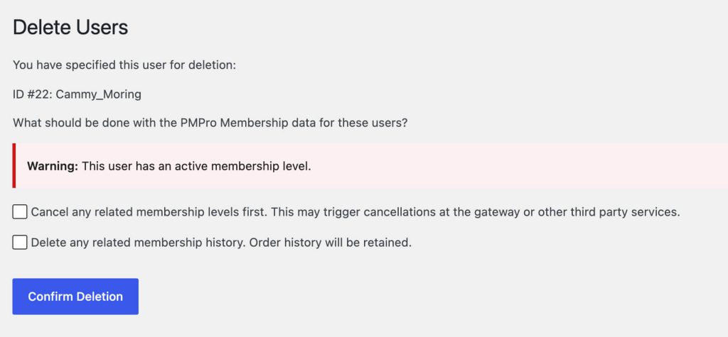 Screenshot of options when deleting a user with an active membership