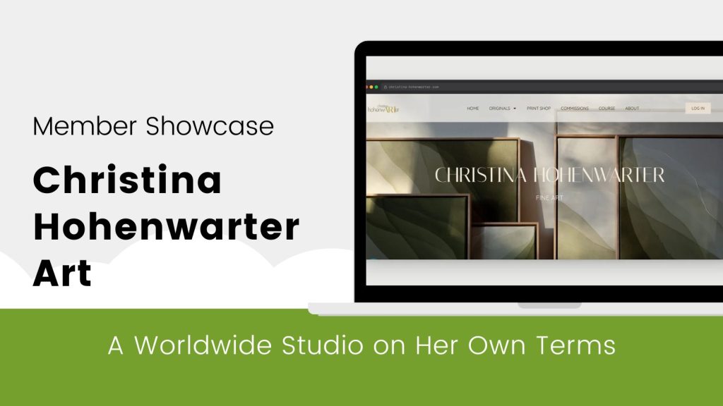 Featured image for Christina Hohenwarter Fine Art — a laptop showing her homepage of framed abstract nature paintings, with the tagline 'A Worldwide Studio on Her Own Terms'