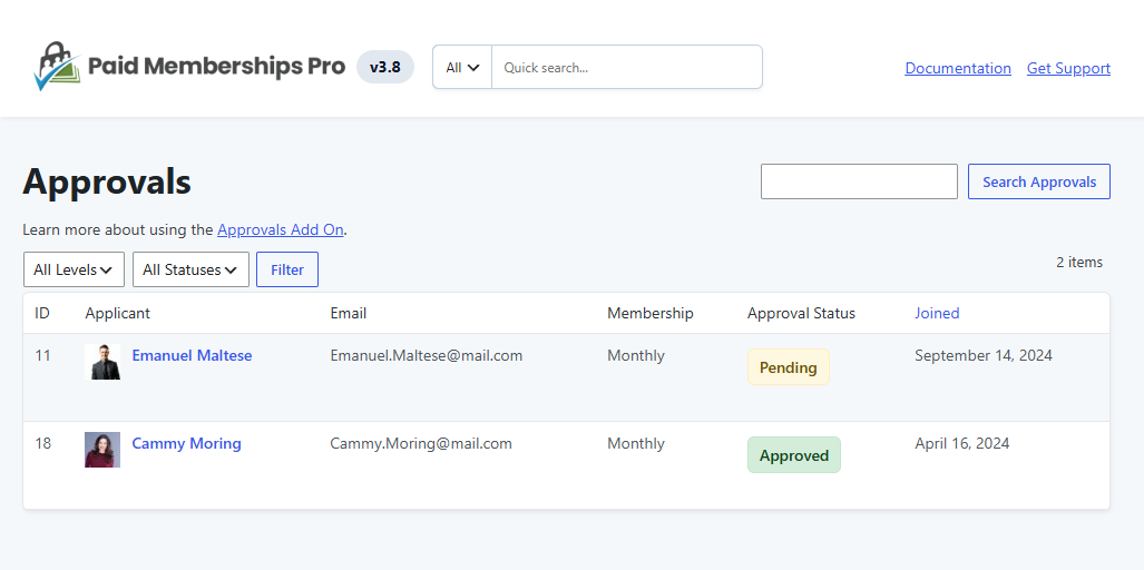 Screenshot of the approvals dashboard with a member that has a pending status.