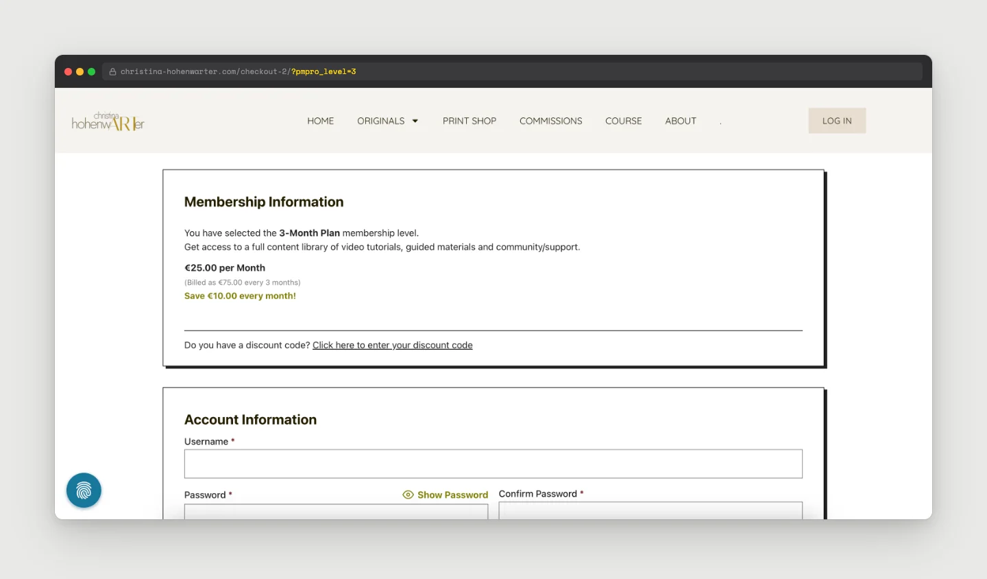 The Paid Memberships Pro checkout page on Christina Hohenwarter's site, showing the selected 3-Month Plan membership information, a discount code option, and account information fields.