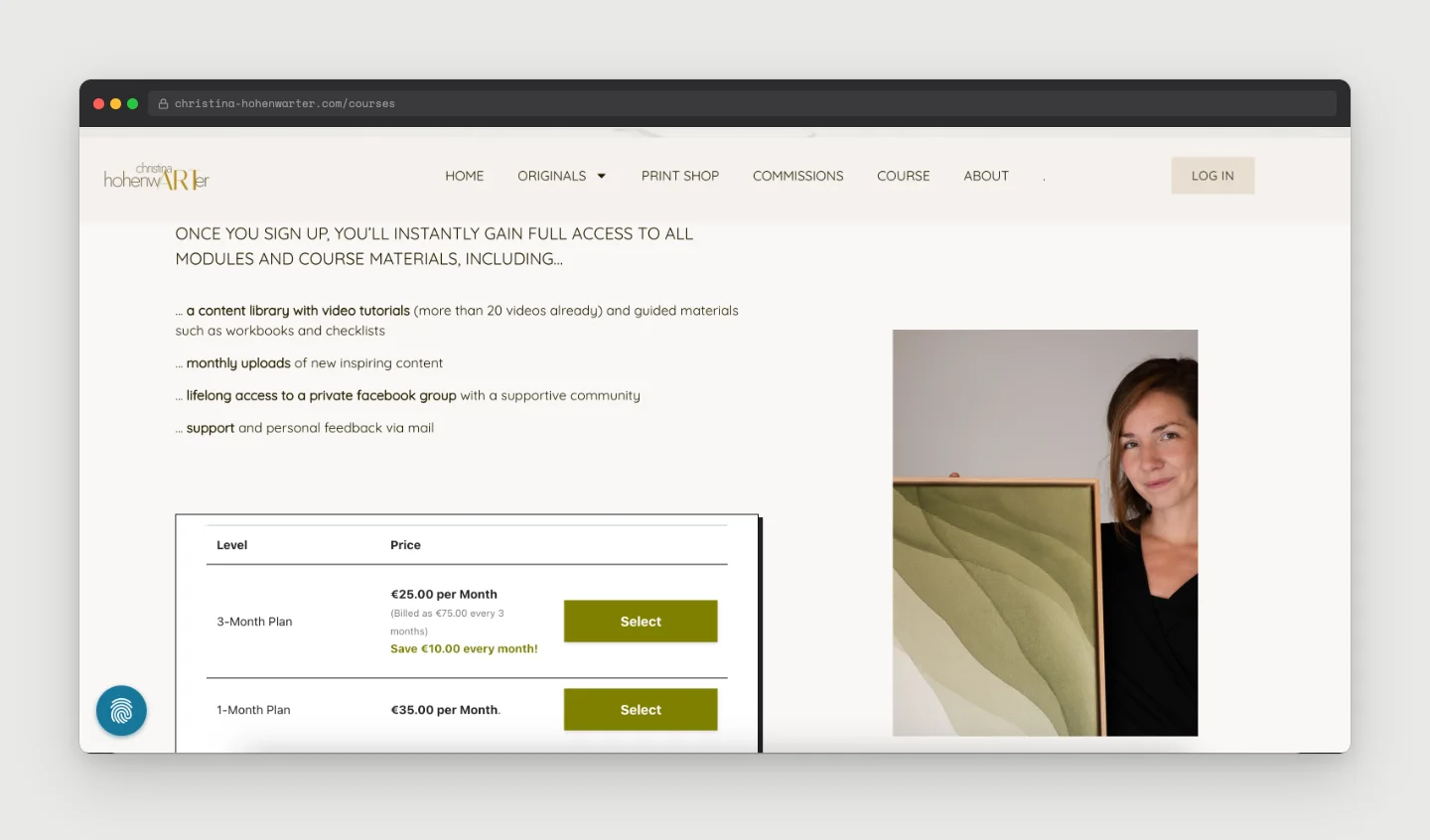 Christina Hohenwarter's course membership page showing member benefits and a Paid Memberships Pro pricing table with 3-Month and 1-Month plans, next to a photo of the artist holding one of her paintings.