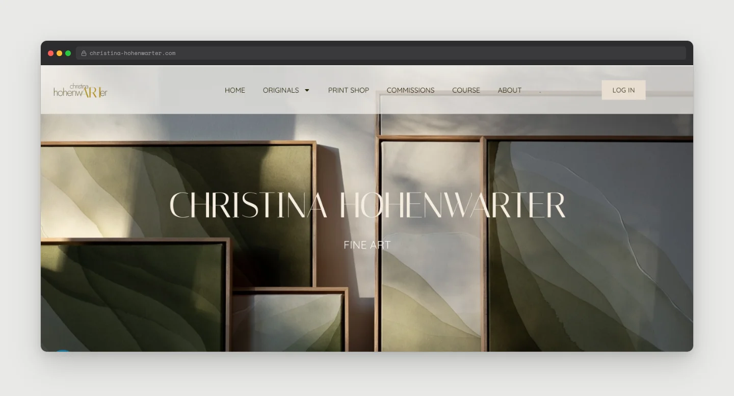 The homepage of Christina Hohenwarter Fine Art, showing a hero of framed abstract nature paintings in green and earth tones with the site title and main navigation.