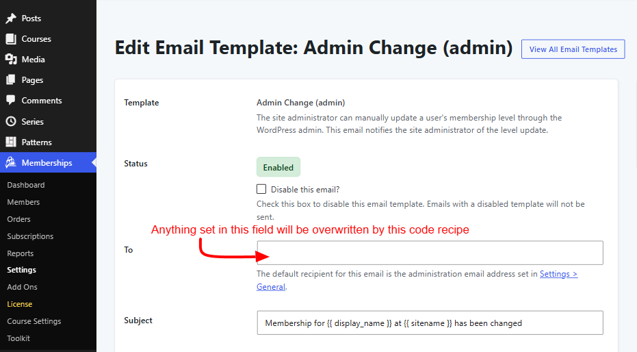 Screenshot of an email template's settings where the To field will be overwritten with the email address set in the code recipe.