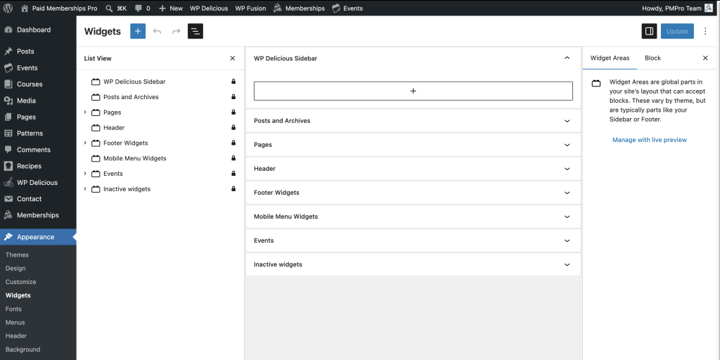 Appearance > Widgets.