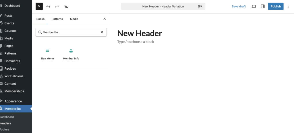 Screenshot of a WordPress site editor showing a block inserter menu with Nav Menu and Member Info options