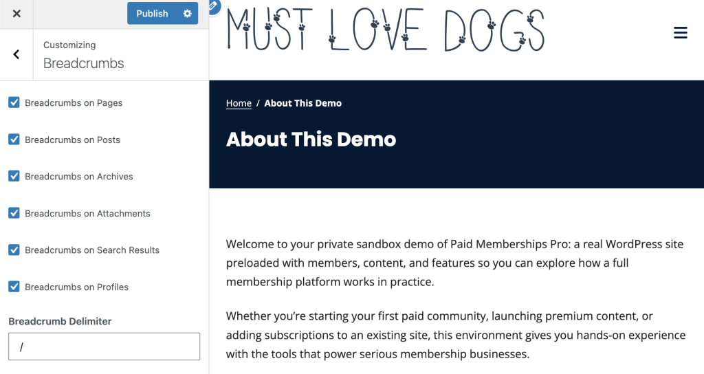 Memberlite Breadcrumbs settings