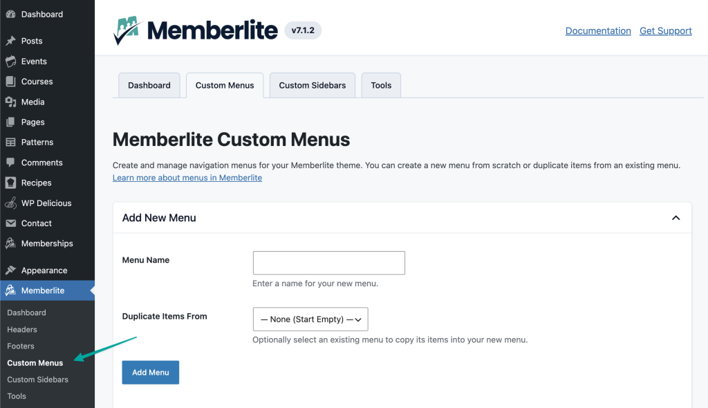 Screenshot of the WordPress dashboard showing the Custom Menus settings page with an arrow pointing to the menu item