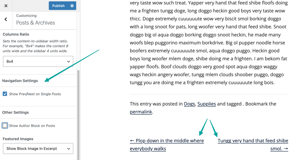Customize Memberlite Navigation Settings to show Prev/Next on post.