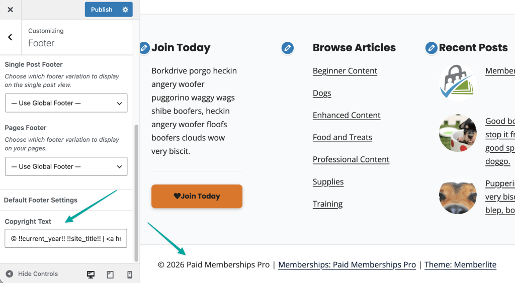 Footer Settings Copyright Text
