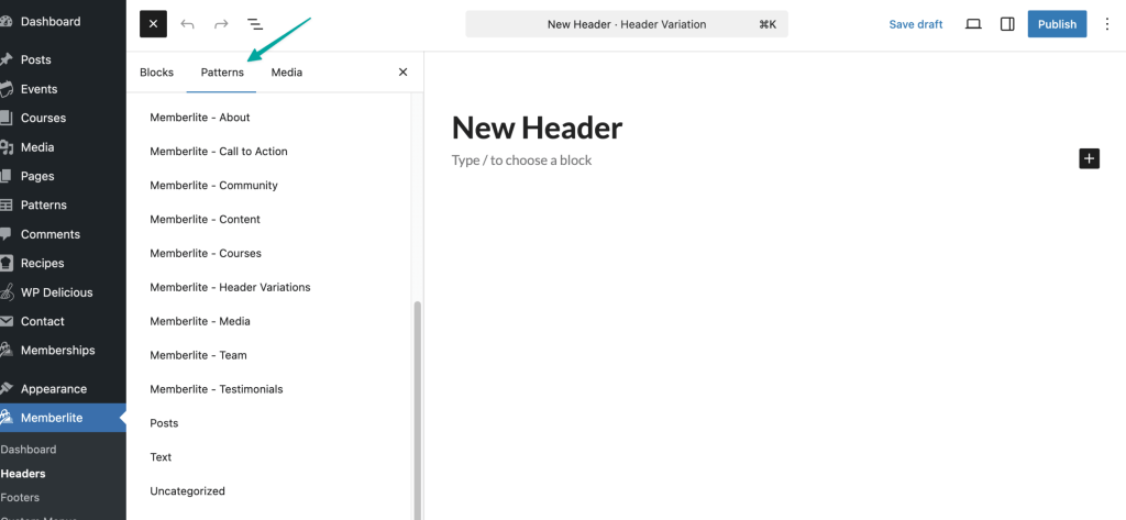 Screenshot of WordPress block editor interface showing the Patterns tab selected in the sidebar menu