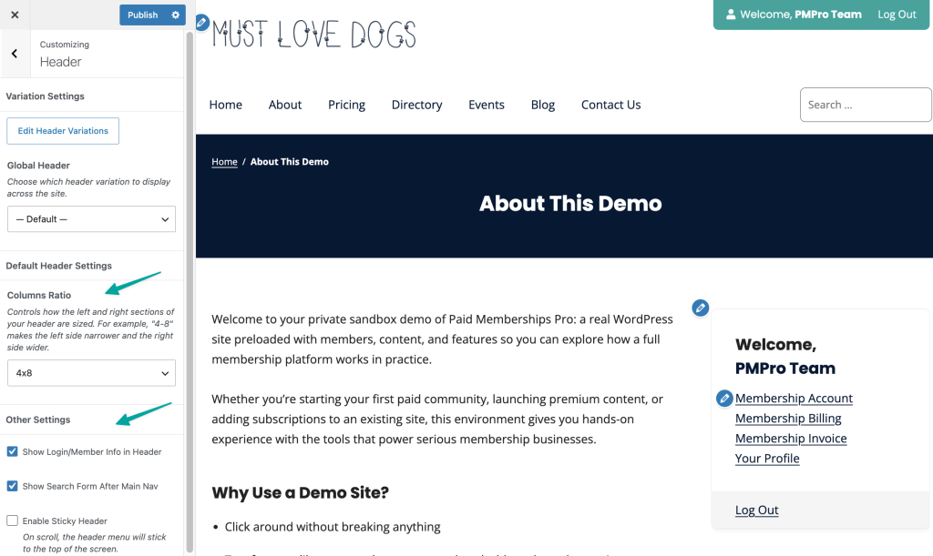 Header variations setting