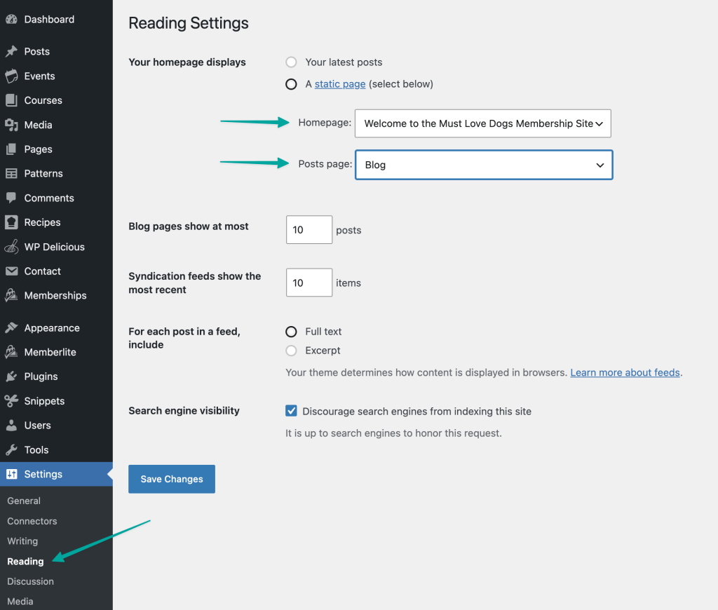 Under the WordPress Settings tab go to Reading to set your Home and Blog pages.