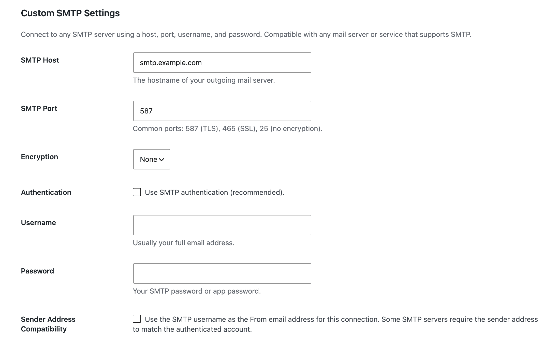 The Custom SMTP settings fields showing host, port, encryption, authentication, username, and password