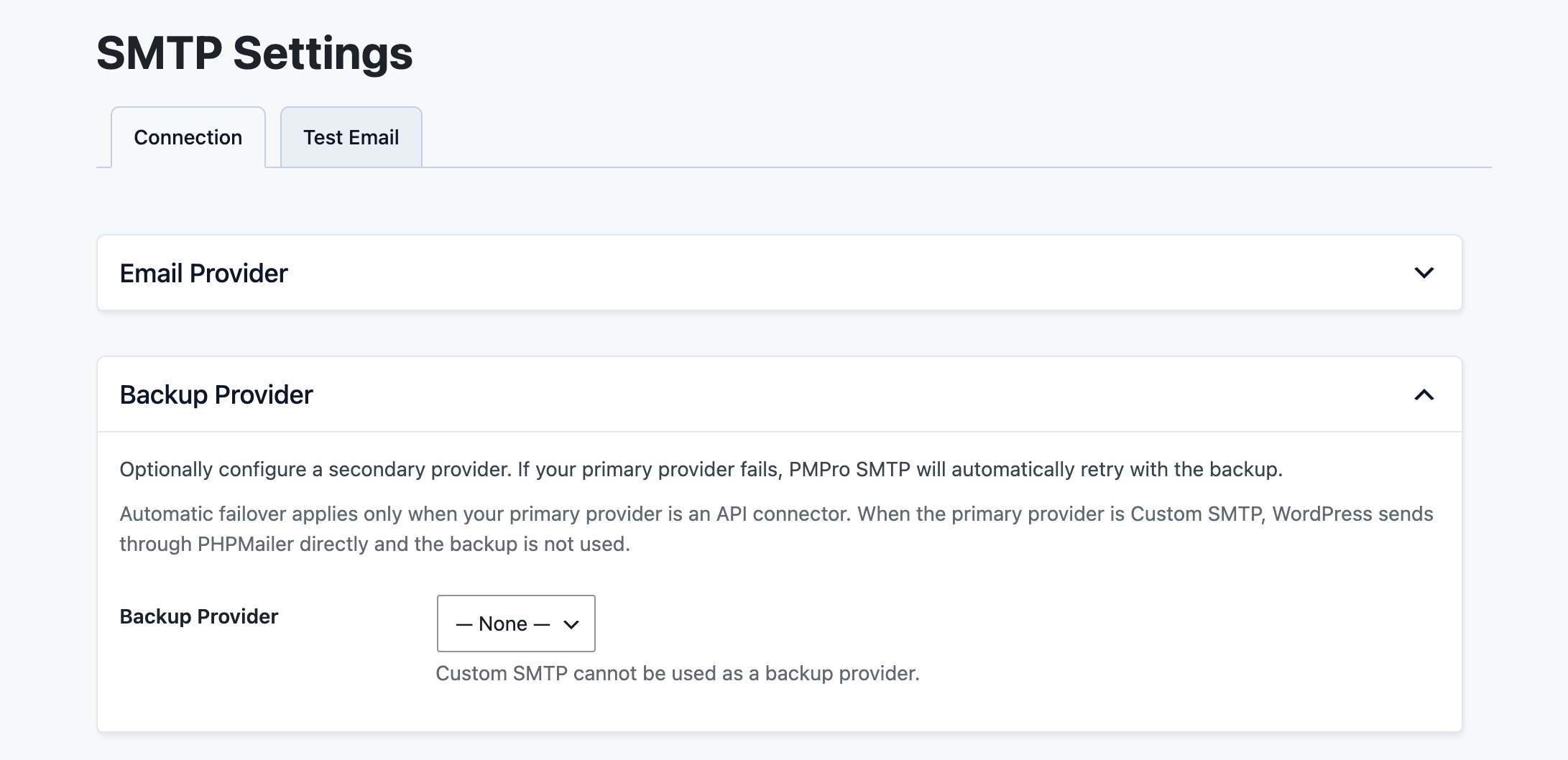 The Backup Provider section with the backup provider dropdown