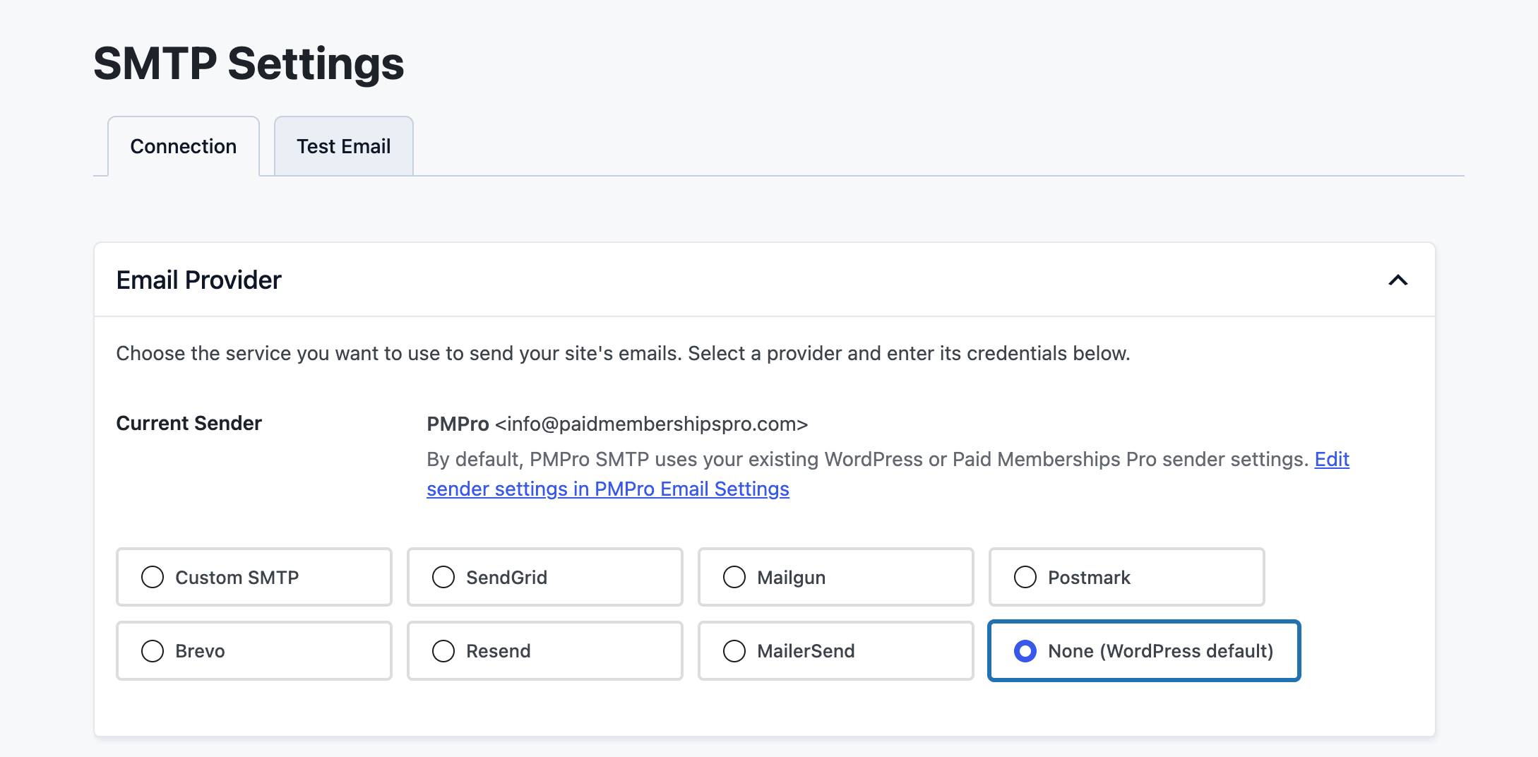 The PMPro SMTP Connection tab showing the provider grid with Custom SMTP and the six API providers
