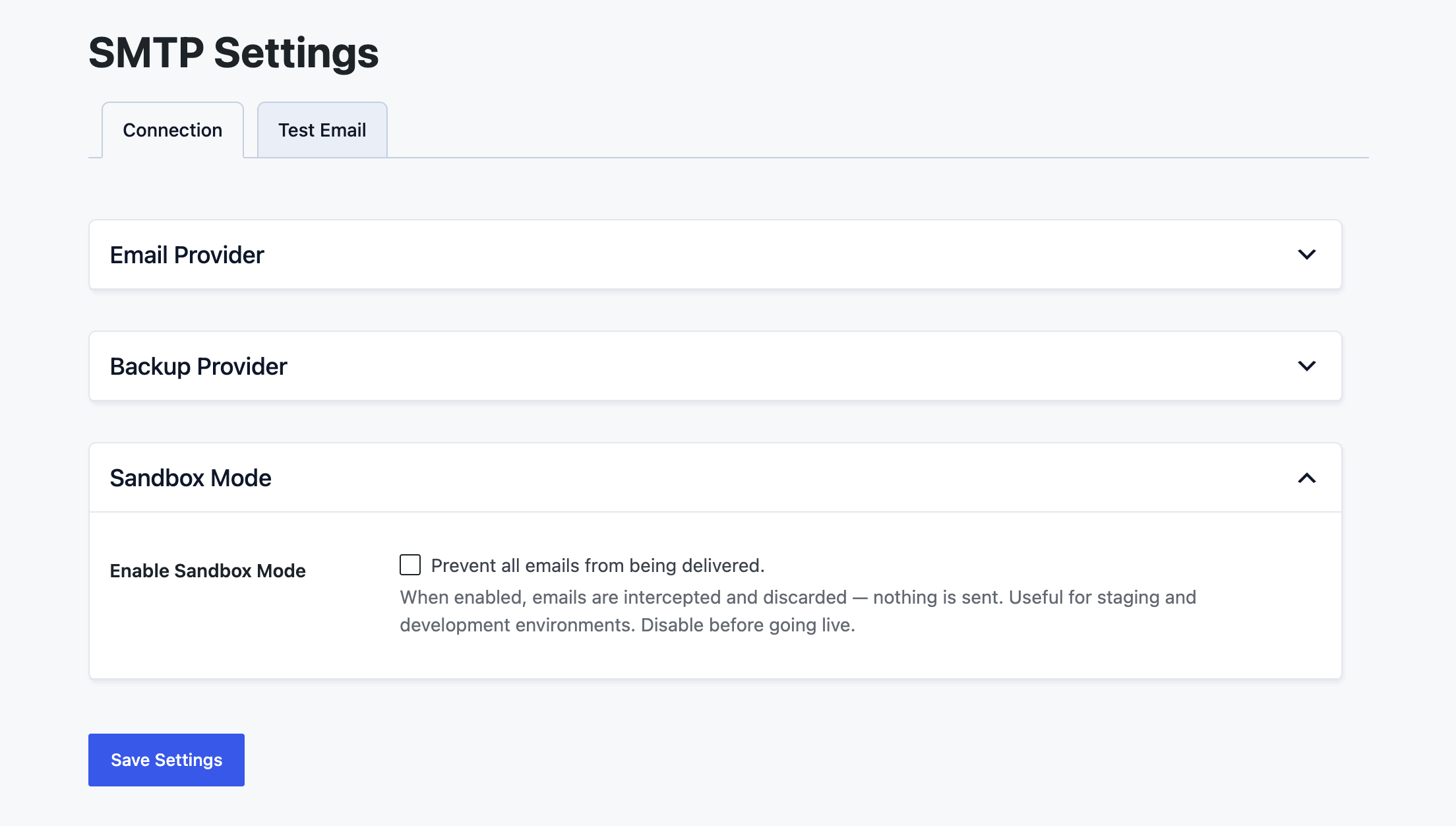 The Sandbox Mode section with the Enable Sandbox Mode checkbox and the active-sandbox warning banner
