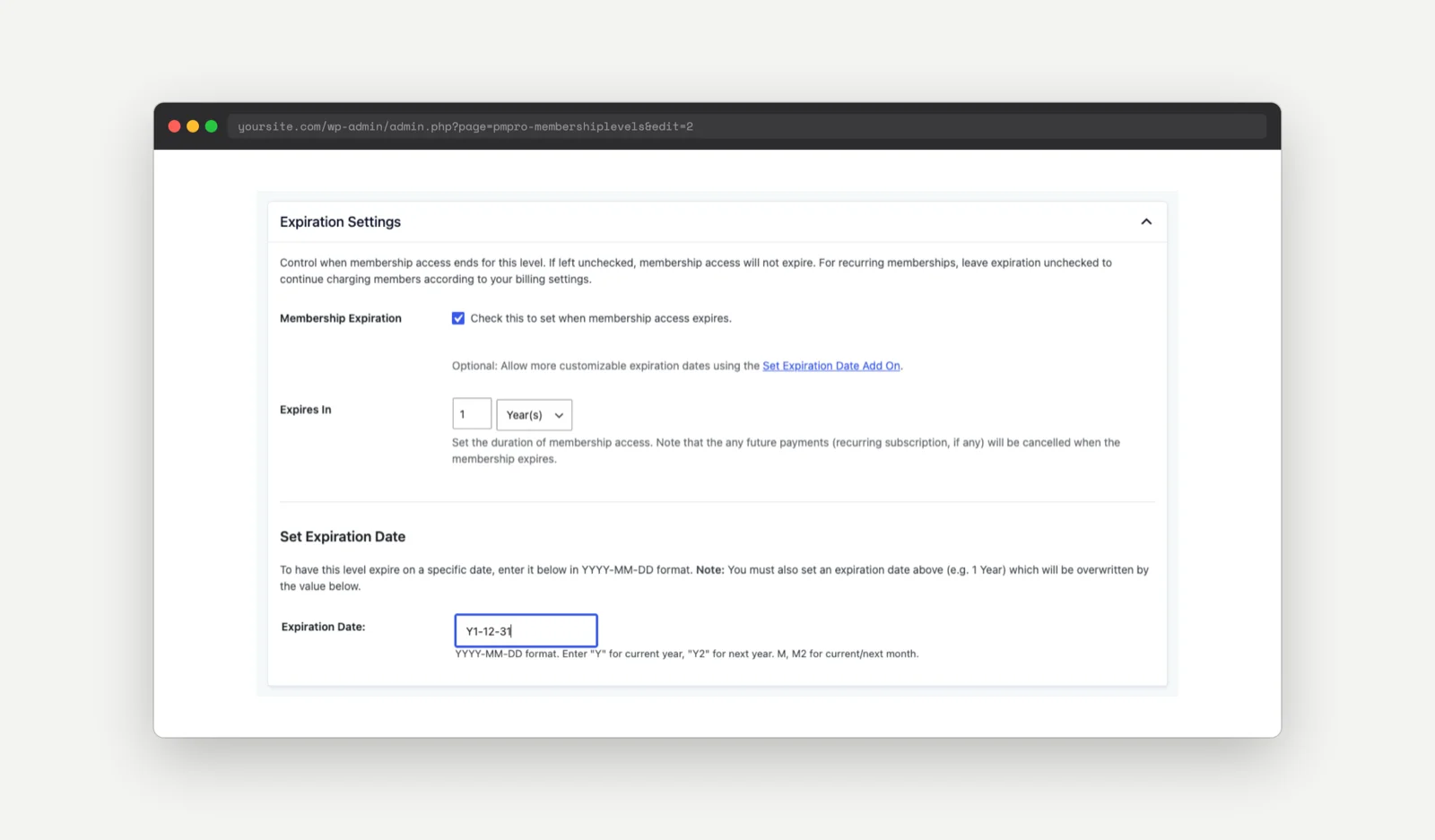 PMPro membership level Expiration Settings panel showing the Set Expiration Date field configured with Y1-12-31