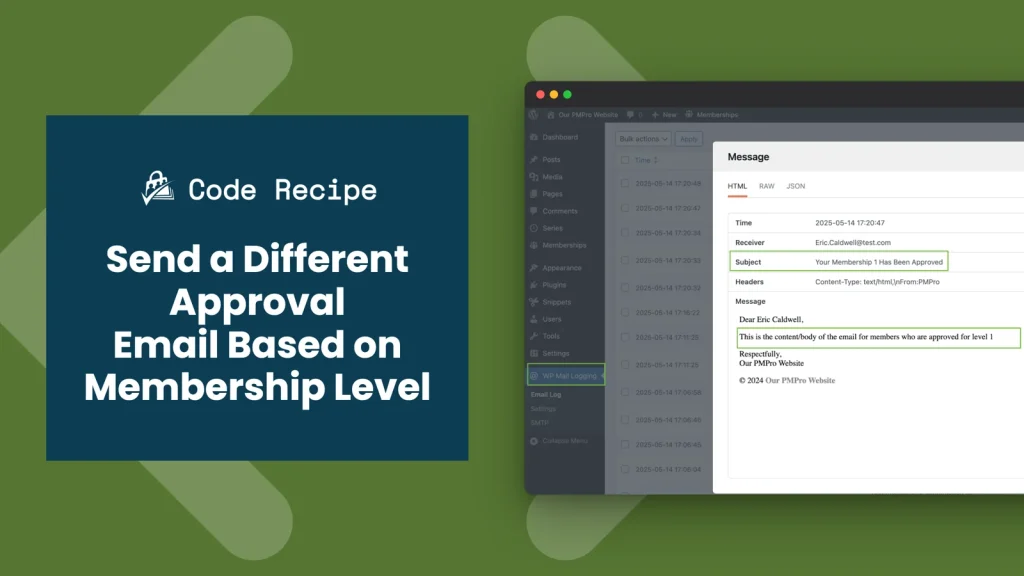 Code Recipe graphic for sending a different membership approval email based on level