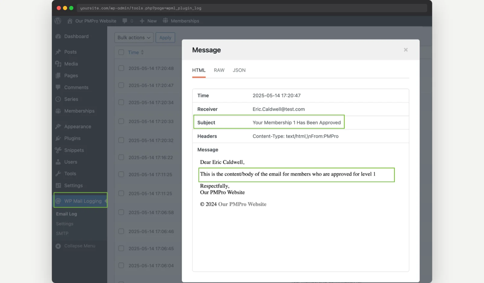 WordPress admin screen showing the WP Mail Logging plugin with a custom approval email subject and body logged for a Level 1 member