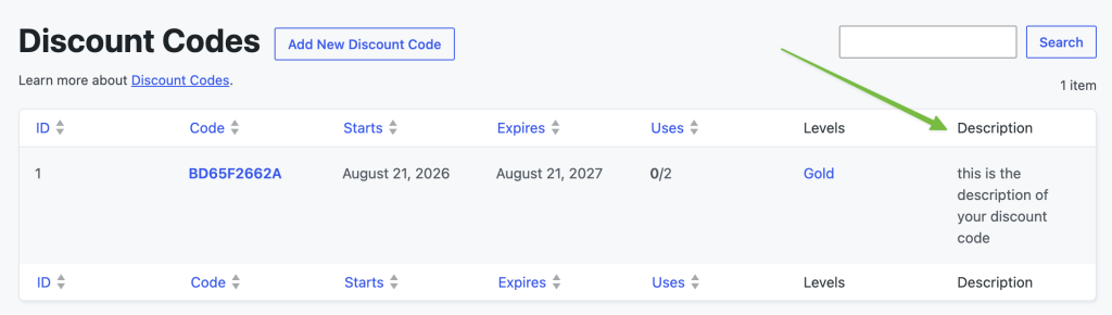 Description column on your discount code list