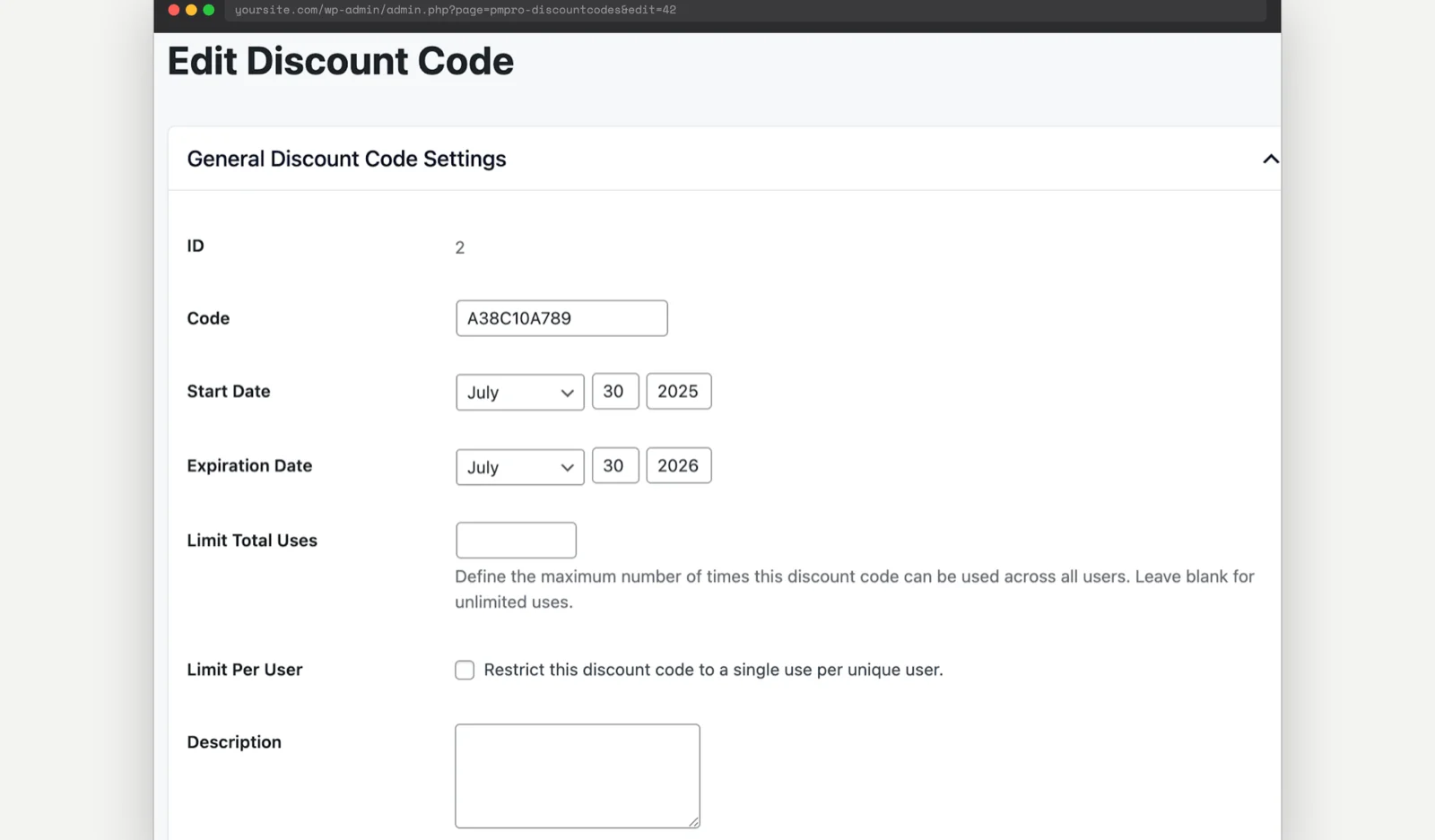 Edit Discount Code screen in the WordPress admin with a Description textarea field added