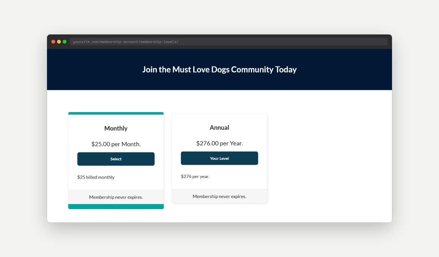 Membership Levels page showing only paid levels after free levels are hidden