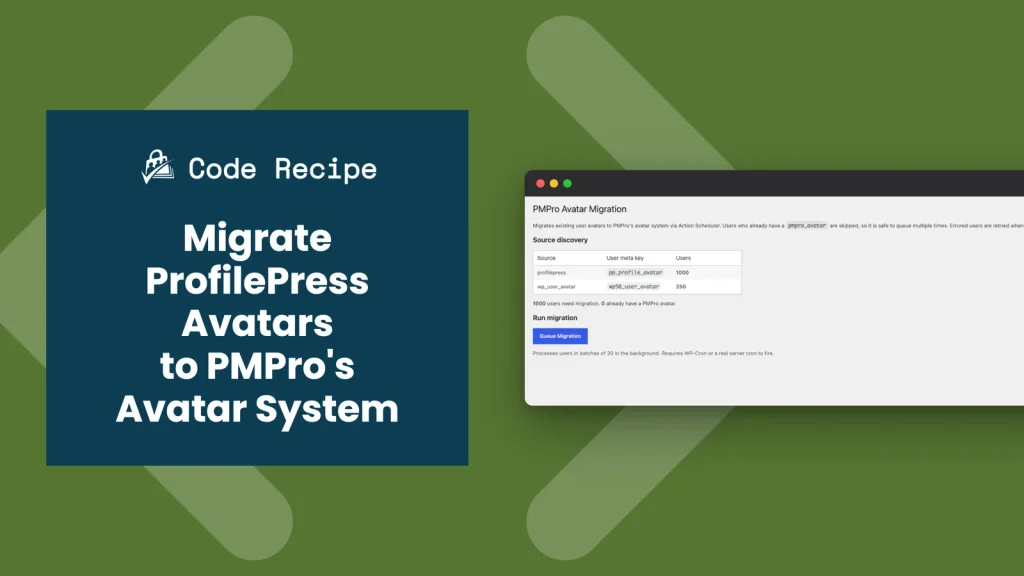 PMPro Code Recipe graphic for migrating ProfilePress avatars to PMPro's avatar system, with the Avatar Migration admin page shown