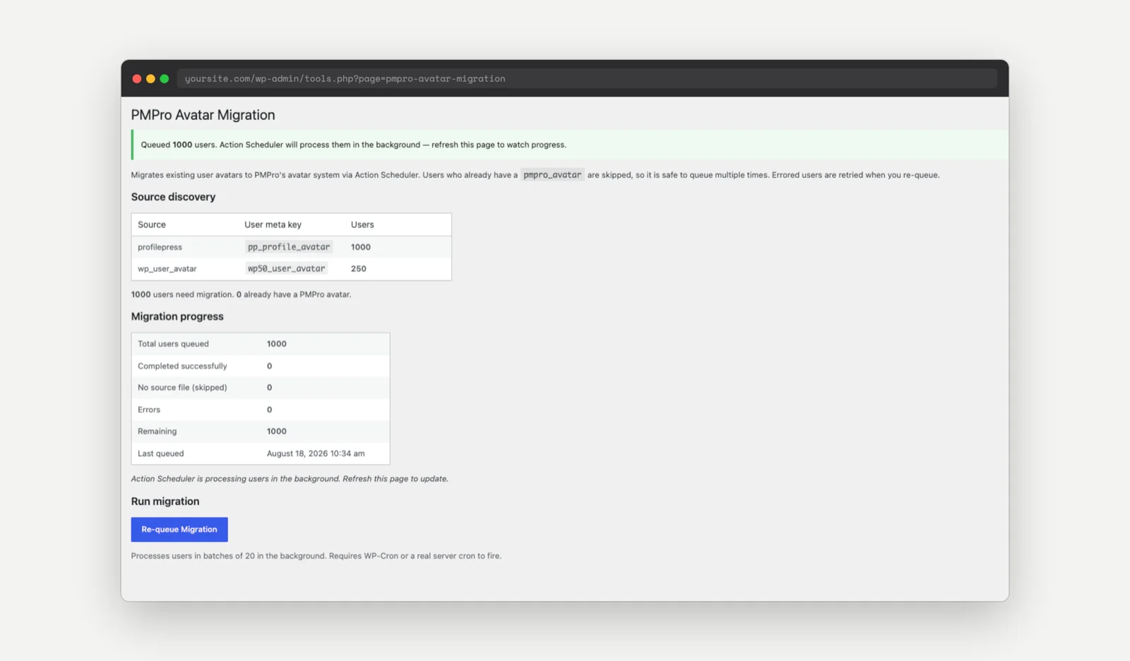 Migration progress table mid-run, showing batches processed and members remaining