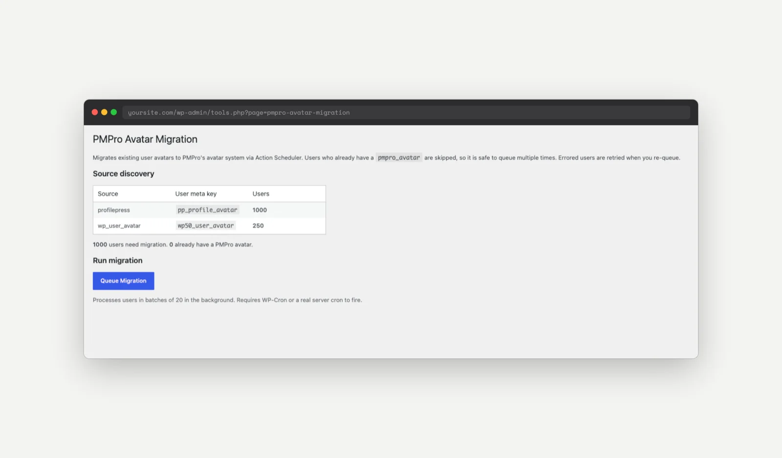 PMPro Avatar Migration admin page showing the Source Discovery table and Queue Migration button