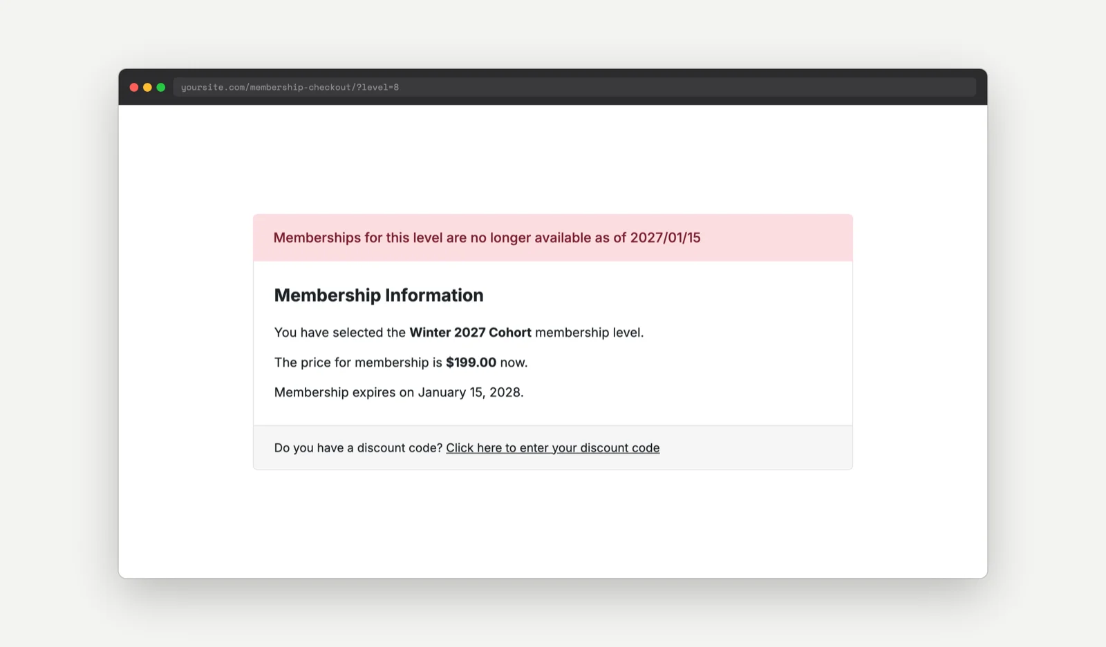 Checkout page showing a message that memberships for this level are no longer available after the cutoff date