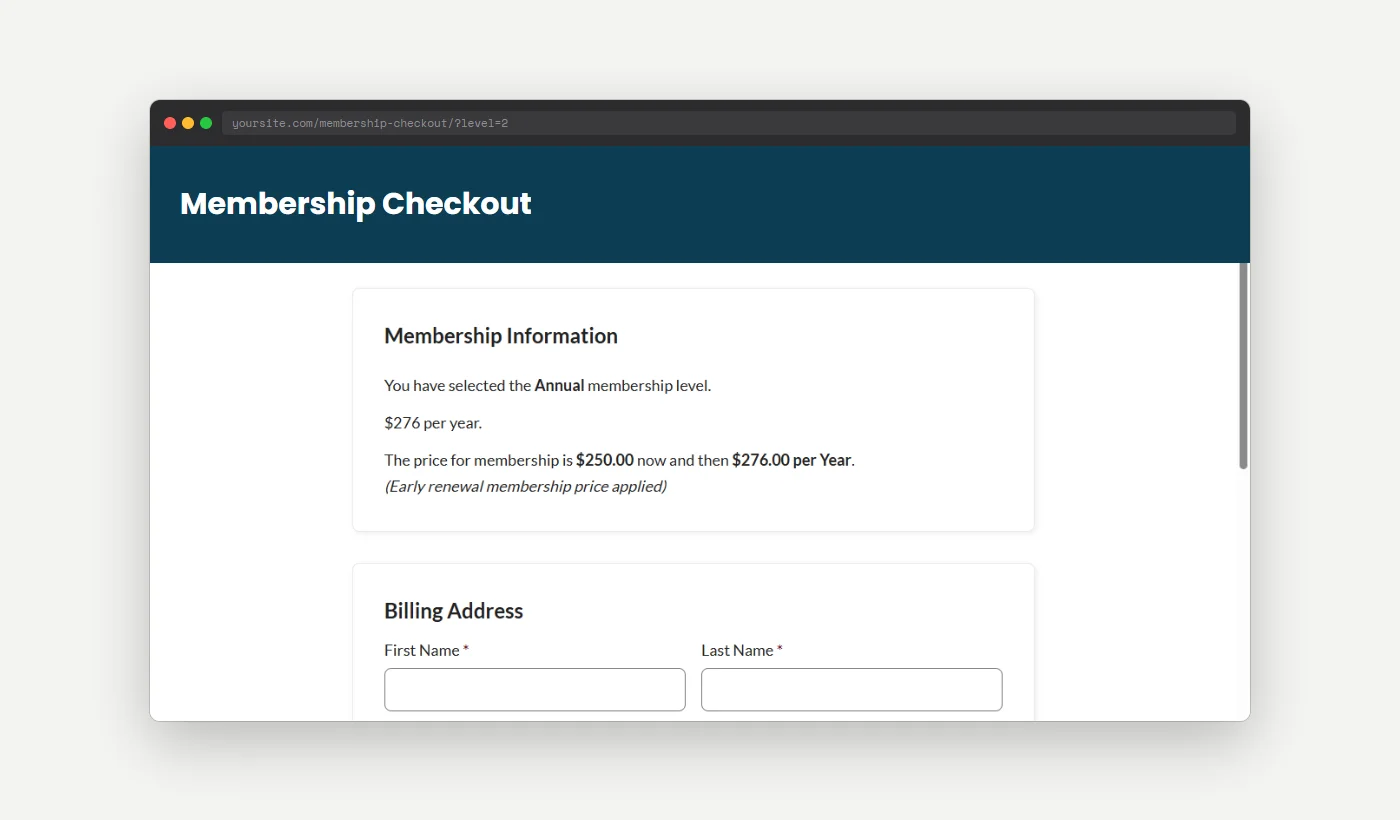 Membership checkout page showing the discounted renewal price with the Early renewal membership price applied note