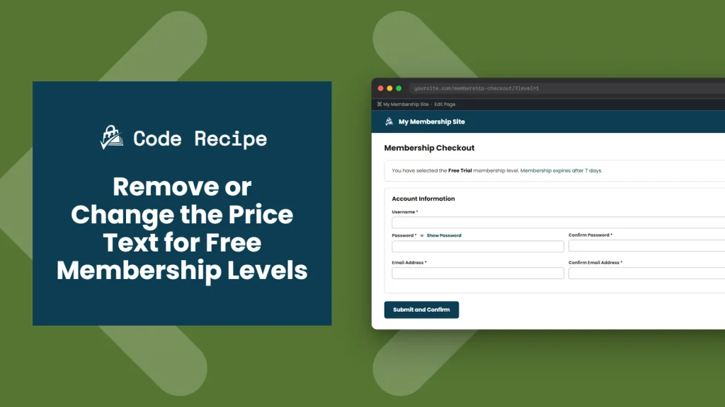 Screenshot of a PMPro membership checkout page showing custom text for a free trial level instead of a $0.00 price statement