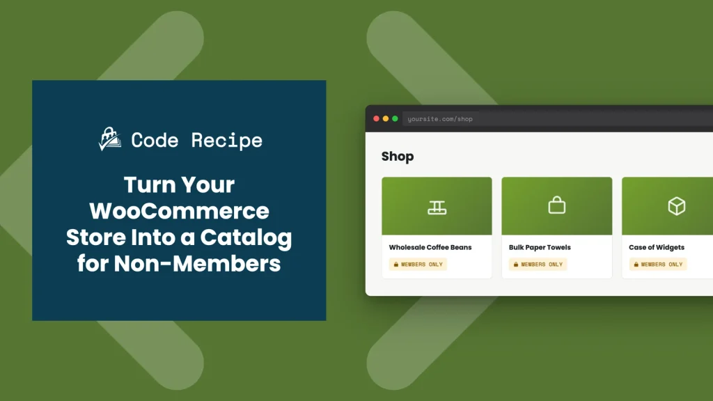 WooCommerce shop page showing product cards with a Members Only badge instead of prices for non-member visitors