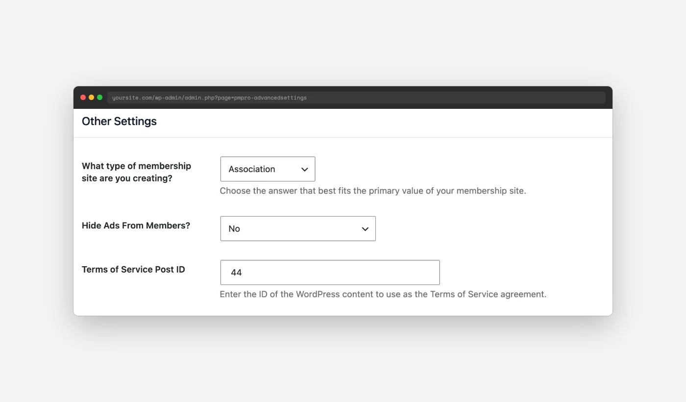 Memberships Settings Advanced page showing the Terms of Service Post ID field set to a media file attachment ID