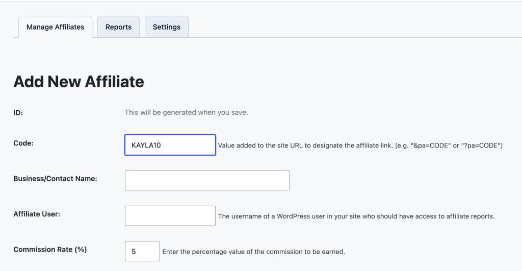 Screenshot of the "Add new affiliate" fields in the Lightweight Affiliate Add On