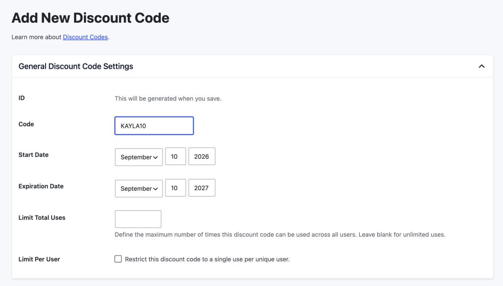 Screenshot of adding a new discount code using the same code as the affiliate in PMPro