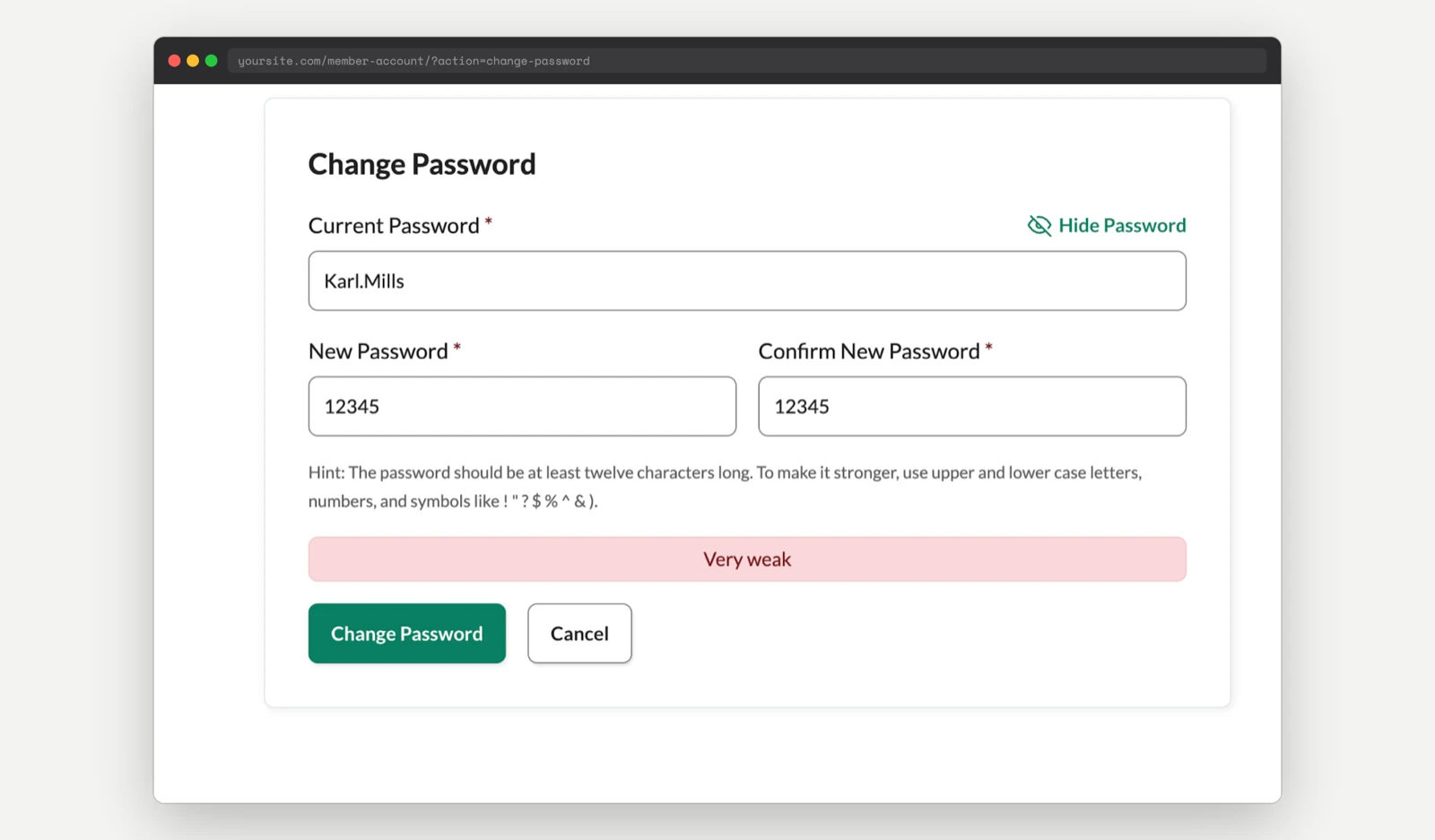 Change Password form on the PMPro member account page showing a very weak password entered without being blocked from submitting