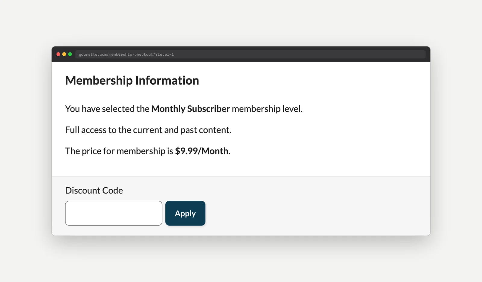 Membership Checkout page with the Discount Code field visible by default instead of hidden behind a toggle link