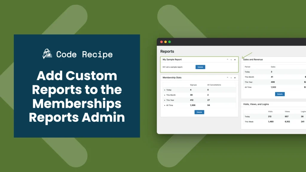 Code recipe featured image for adding a custom report to the Memberships Reports screen in Paid Memberships Pro