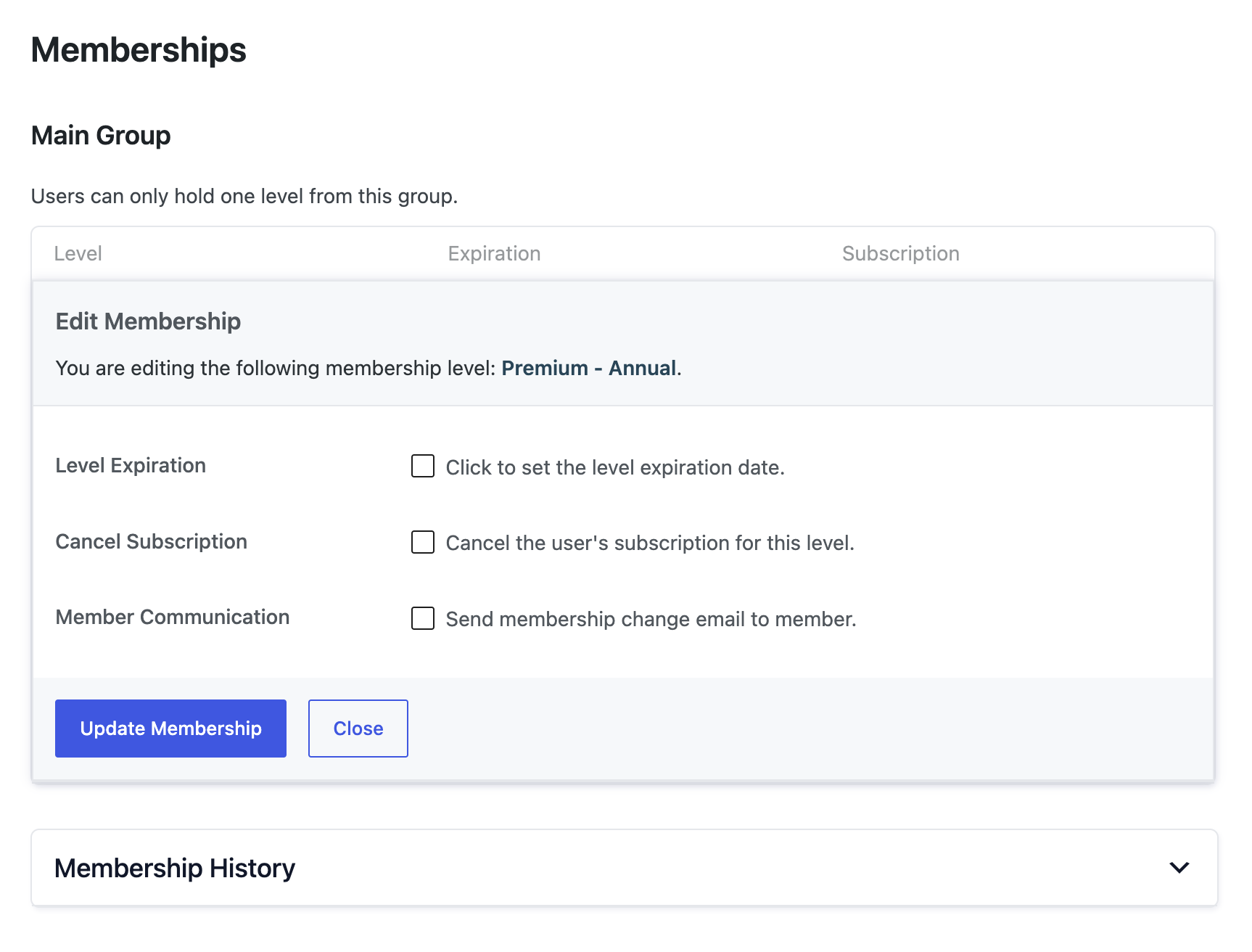 Edit Member screen > Edit a Single Membership to change, cancel, refund, or edit details