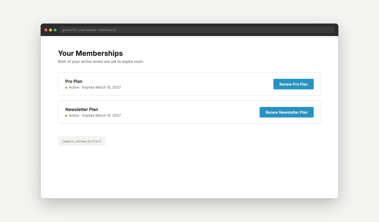 A member dashboard showing two separate Renew Membership buttons, one for each expiring membership level