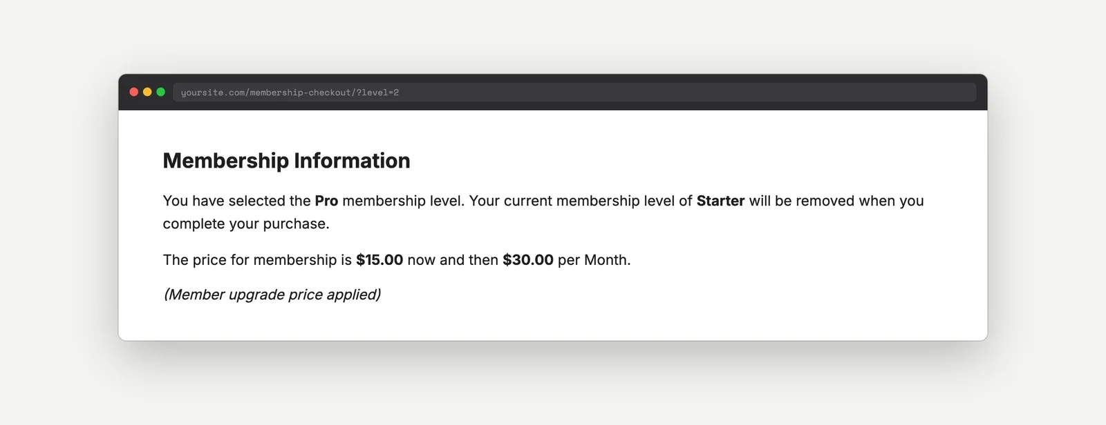 PMPro checkout page showing a discounted membership price for a member upgrading from Starter to Pro, with a note that the member upgrade price was applied