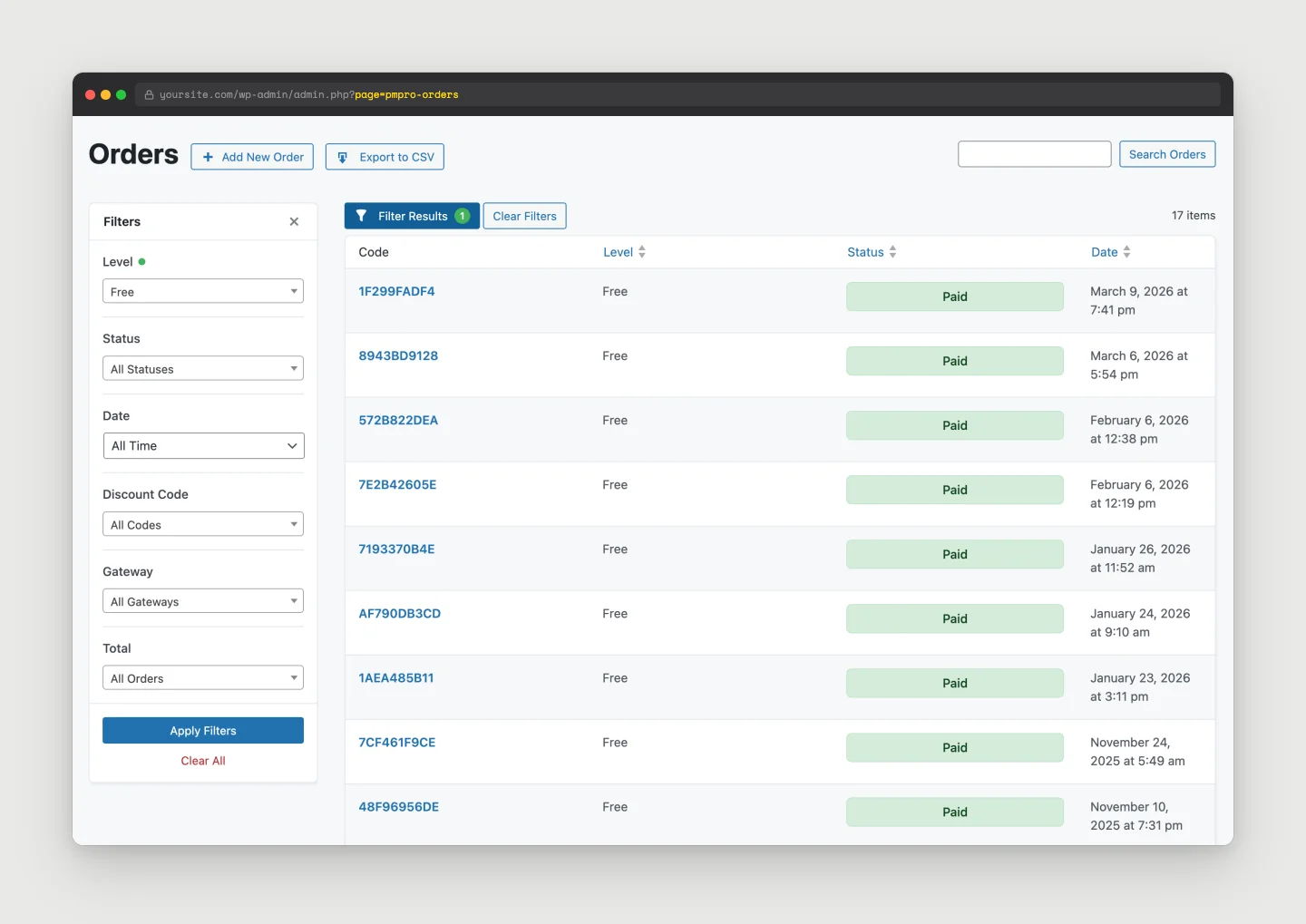 PMPro Orders admin page with the filter sidebar open showing Level, Status, Date Range, Discount Code, Gateway, and Total filters