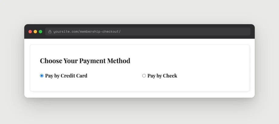 Membership checkout page where a member can choose to pay by manual gateway or credit card