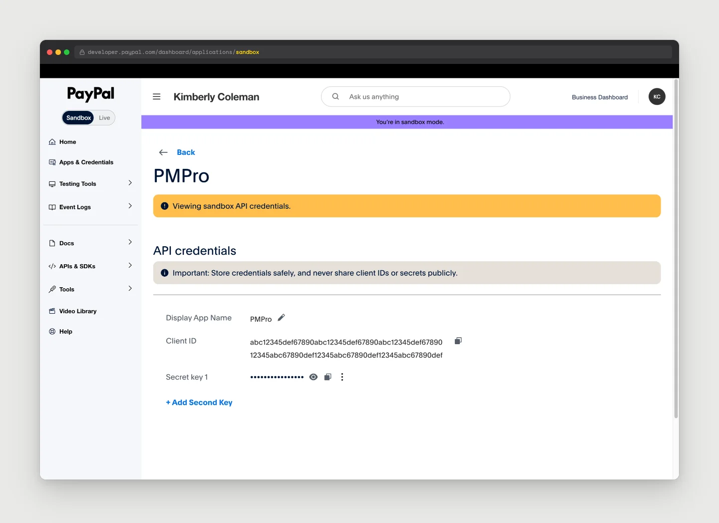 PayPal Developer Dashboard sandbox app detail page showing the Client ID and Client Secret fields