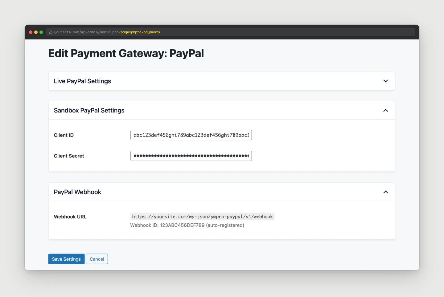 PMPro Edit Payment Gateway PayPal settings screen with Client ID, Client Secret, and webhook fields